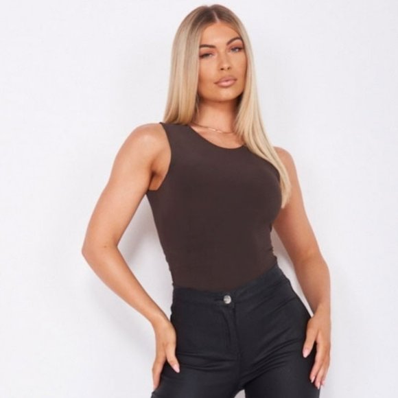 Brown Sleeveless Bodycon Bodysuit Top Leotard - Picture 2 of 10